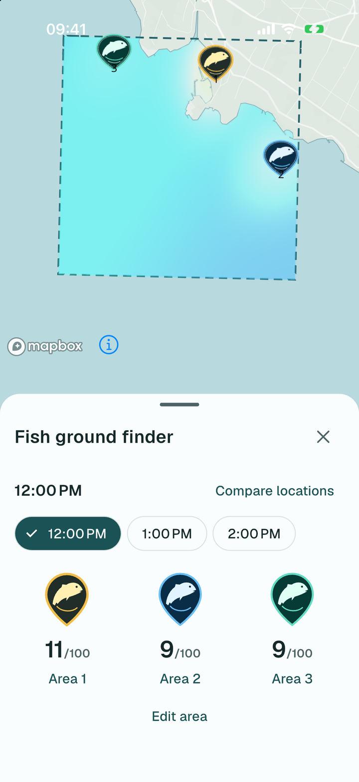 Fish Rise results on the map off Kadıköy, Istanbul: three marked areas with their scores out of 100 and the hour chips (build 1.0.0-1-f0c7a2c1)