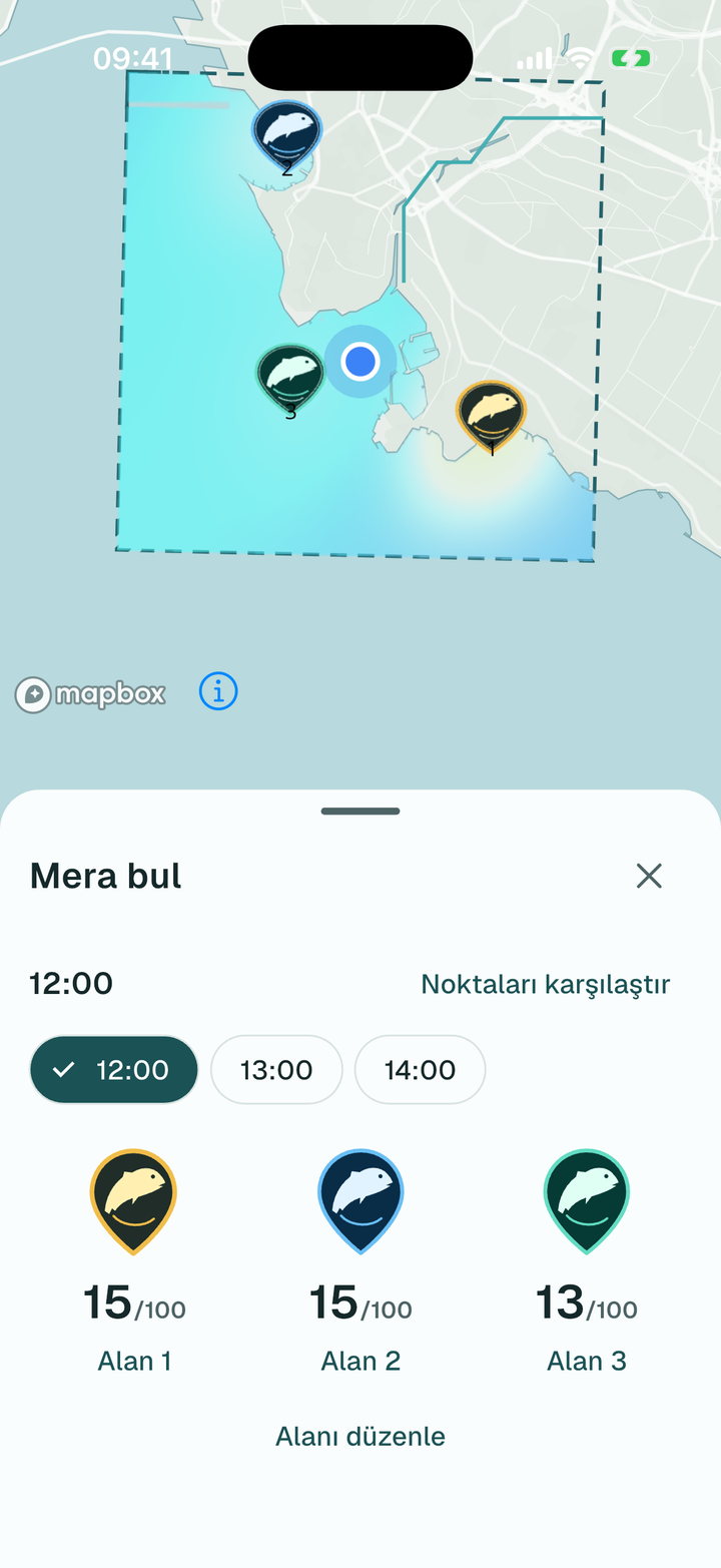 Kadıköy açığında haritada Mera bul sonuçları: 100 üzerinden puanlarıyla işaretli üç alan ve saat seçimi (build 1.0.0-1-f0c7a2c1)