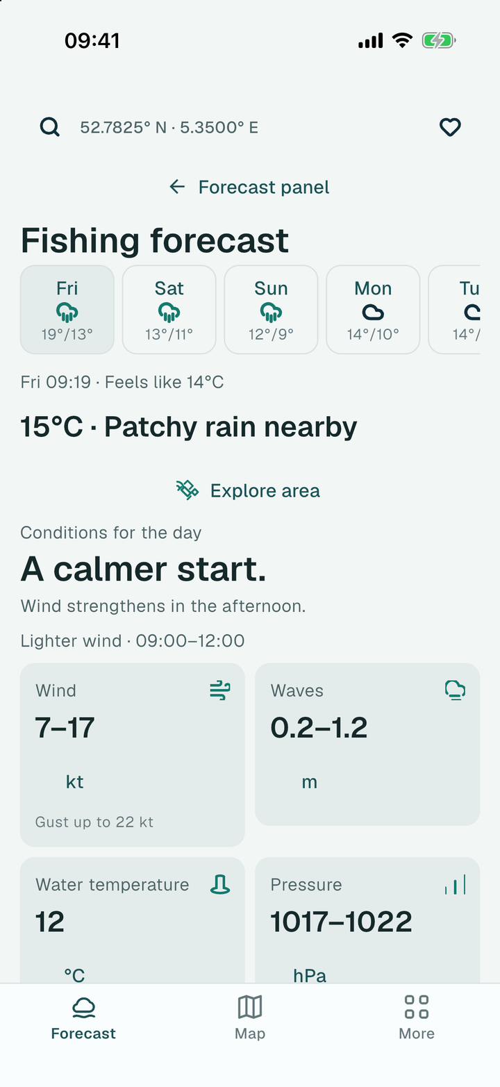 Forecast page for a chosen point: five day chips, the day’s conditions, and cards for wind, waves, water temperature and pressure (build 1.0.0-1-f0c7a2c1)