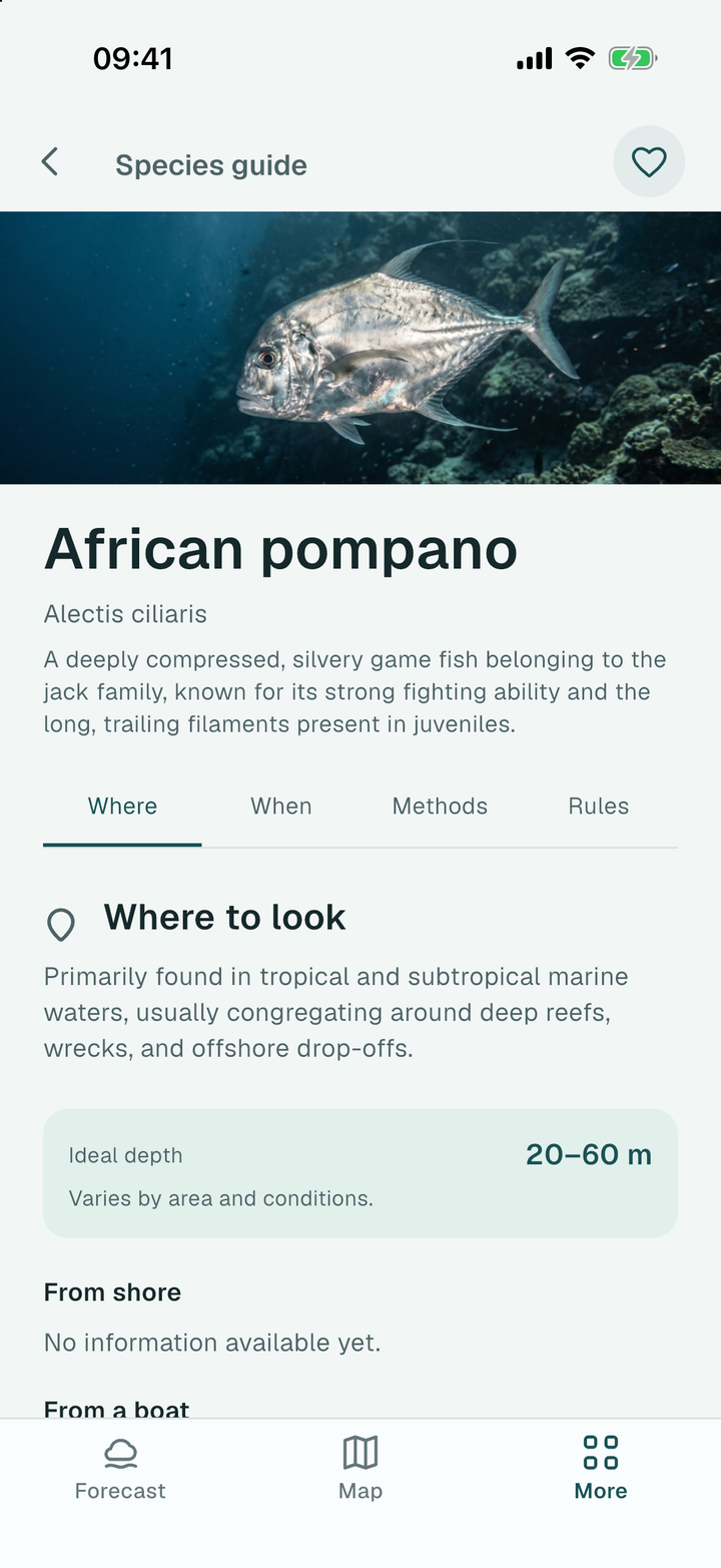 Species page in the Fishing Guide with habitat, bait and timing for one species (build 1.0.0-1-20261016)